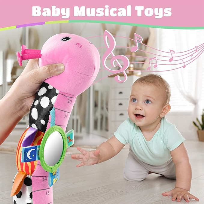 Baby Toys 6-12 Months Music Caterpillar Infant Toys Stuffed Animals 0-3-6 Months Teething Tummy Time Sensory Toys with Mirror Rattle&Pull String for Boys Girls Birthday Gifts|Candy Pink,Leafy-CubbioJoy