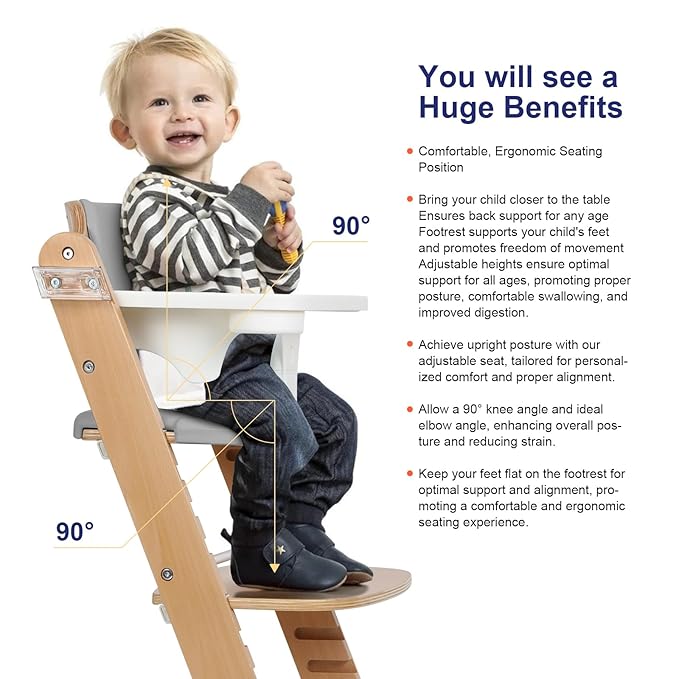 Cowiewie 3-in-1 Convertible Natural Wooden High Chair for Babies & Toddlers 3-Tier Remove & 2 Adjustable Wood Tray & 8 Levels Adjustable, 2 Waterproof Cozy Cushions Grey-CubbioJoy
