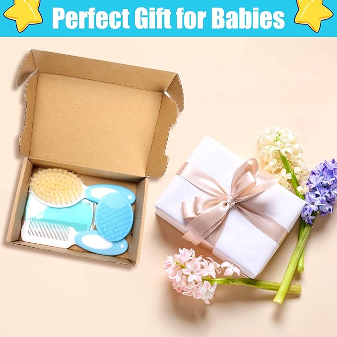 Baby Hair Brush and Comb Set, 4Pcs Baby Soft Bristles Hairbrush Cradle Cap Brush Hair Comb for Newborns Toddlers Boys Girls (Blue)-CubbioJoy