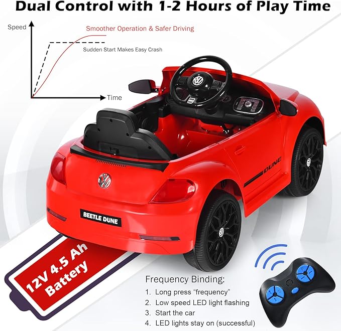 Costzon Ride on Car, 12V Licensed Volkswagen Beetle Battery Powered Vehicle w/Remote Control, Spring Suspension, Lights, USB, Horn, Music, 4 Wheeler for Boy Girl Gift, Electric Car for Kids (Red)-CubbioJoy