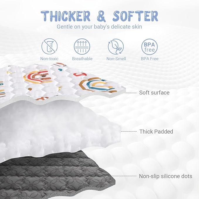 Boho Rainbow Baby Play Mat 50x50 Playpen Mat Thicken Soft Baby Crawling Mat Non-Slip Cushioned Baby Floor Mat with Letters, Activity Playmats for Babies Toddlers Play & Tummy Time (50X50,White)-CubbioJoy