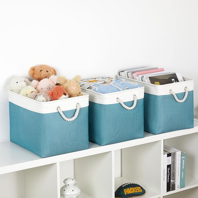Bidtakay Large Storage Baskets for Shelves 3 Pack 16x11.8x11.8 Inch Storage Bins for Organizing Fabric Storage Cubes for Closet Clothes Basket Laundry-White&Teal-CubbioJoy