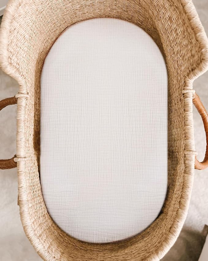 Bassinet Sheet for Baby Boy and Girl, Fitted Sheets for Rectangle, Oval, Hourglass Bassinet Mattress, Muslin Moses Basket Sheets with Neutral Style (White)-CubbioJoy