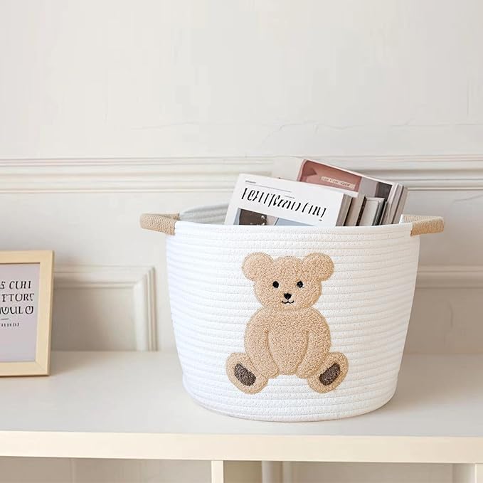 INough Cotton Rope Basket Toy Storage Baskets for kids Laundry Hamper, Gift Basket Empty Baby Shower Baskets with Handles, Cute Bins Blanket Stuffed Animal Storage for Nursery, Living Room Decor, Bear-CubbioJoy