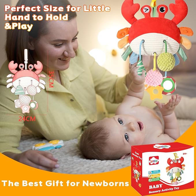 Car Seat Toys for Babies 0–12 Months, Hanging Infant Plush Rattle Toy with Mirror & Crinkle Clip-On Activity Toy for Car Seat, Stroller, Crib & Play Gym Baby Gift for Boys & Girls-CubbioJoy