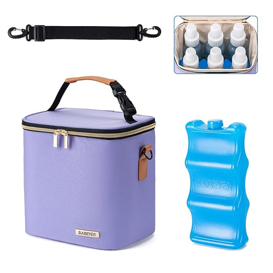 Breastmilk Cooler Bag with Ice Pack Fits 6 Baby Bottles Up to 9 Ounce, Baby Bottle Bag with Shoulder Strap for Nursing Mom Daycare, Violet-CubbioJoy
