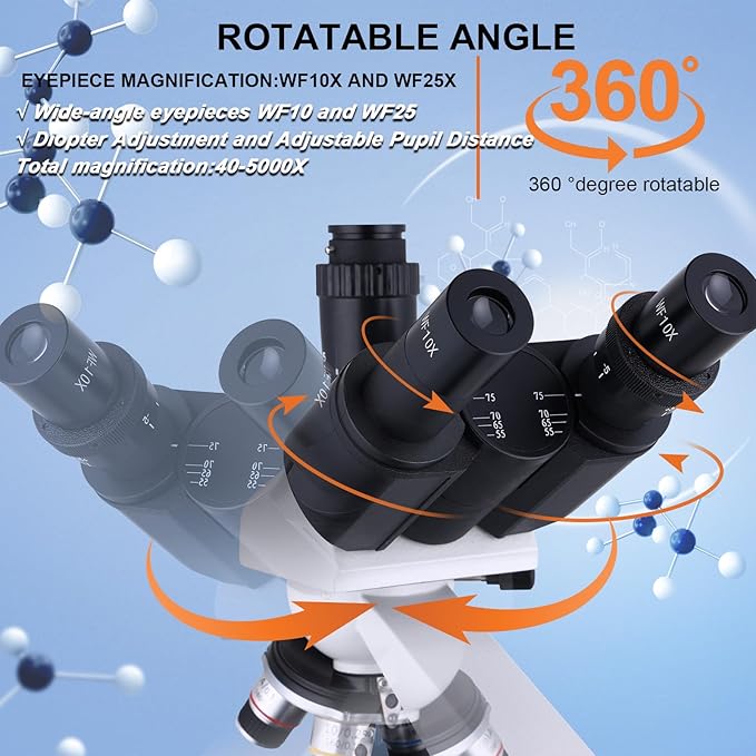 Compound Trinocular Microscope 40X-5000X Magnification, Research Grade Professional Microscope, Two Levels of Mechanical Stage LED Illumination, USB Video Camera with Microscope for Adults-CubbioJoy