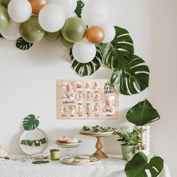 CHONIC My First Year Photo Board, 1st Birthday Gifts for Boy or Girls, 12 Month Pictures Frame for Baby First Year, One Year Birthday Decorations Milestone Sign, Wooden Baby Keepsake Gifts-CubbioJoy