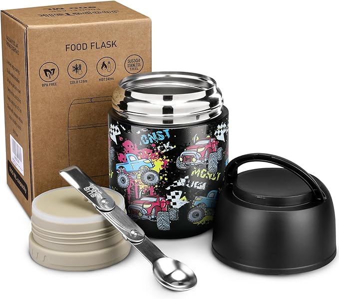 17 oz Insulated Lunch Containers Hot Food Jar, Wide Mouth Lunch Thermo for Kids Adults, Vacuum Stainless Steel Lunch Box With Handle Folding Spoon for School, Office Black - Car-CubbioJoy