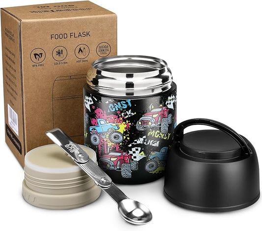 17 oz Insulated Lunch Containers Hot Food Jar, Wide Mouth Lunch Thermo for Kids Adults, Vacuum Stainless Steel Lunch Box With Handle Folding Spoon for School, Office Black - Car-CubbioJoy