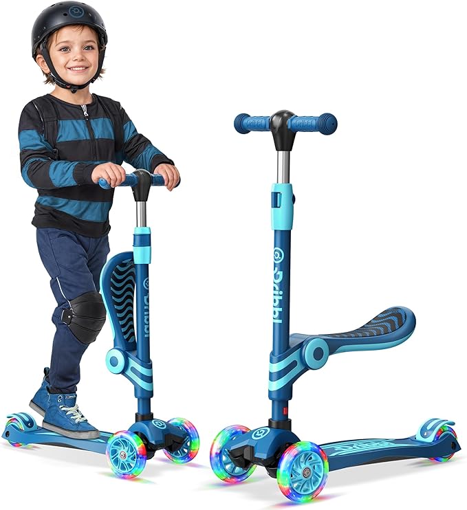 Blue 3 Wheel Scooter with Seat for Kids – Light-Up LED Wheels, Adjustable Handlebar and Seat, Smooth PU Wheels, Wide Anti-Slip Deck, Rear Foot Brake – Toddler Outdoor Toys for Ages 2+-CubbioJoy