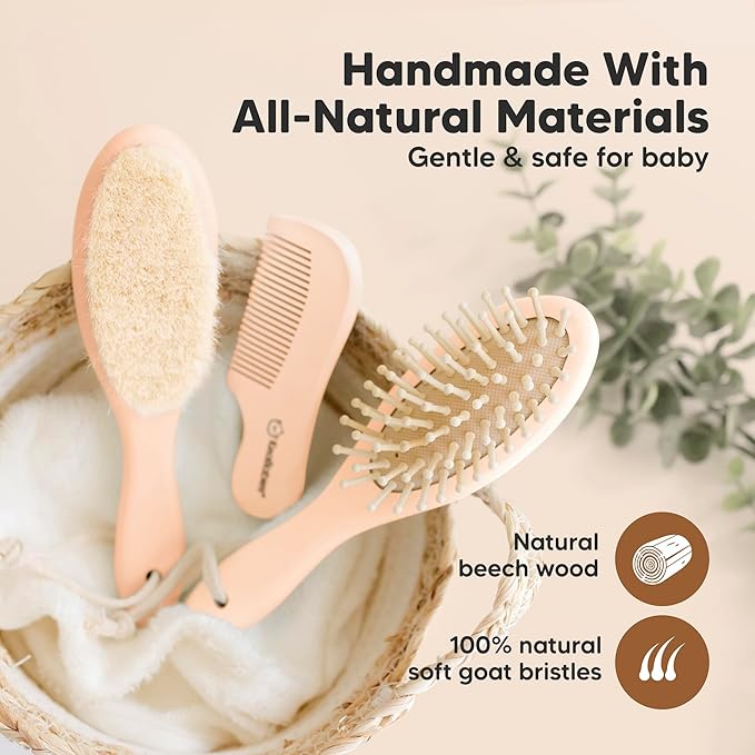 Baby Hair Brush and Comb Set for Newborn - Wooden Baby Hair Brush Set with Soft Goat Bristle, Baby Brush Set for Newborns, Baby Brush and Comb Set Girl, Boy, Toddler Cradle Cap Brush (Oval, Peach)-CubbioJoy