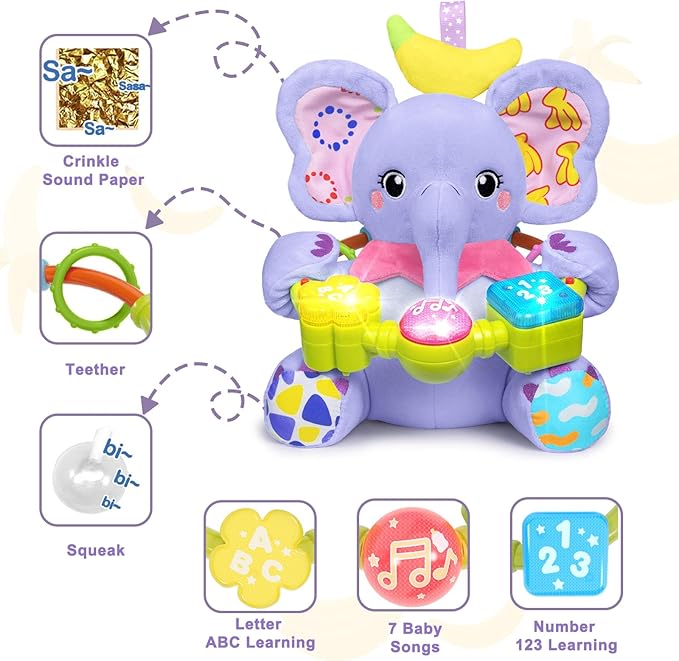 Baby Elephant Musical Stuffed Animals Toy with Light-Up Music & Crinkle Sound Paper,Infant Bilingual Early Learning Education Toys,Tummy Time Toys for 0-3-6-12+ Months Boy Girl, Purple-CubbioJoy