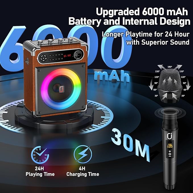 Karaoke Machine with 2 Wireless Microphones,【Upgraded 6.5"Woofer & 2"Tweeter】Portable Bluetooth 5.3 Karaoke Speaker, PA System with Bass/Treble/Echo Adjustment, Supports USB/AUX/TF/TWS for Home Party-CubbioJoy