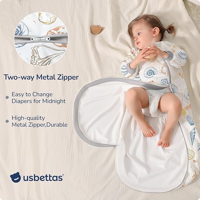 Baby Sleep Sack 18-24 Months, Cotton Detachable Long Sleeve Sleep Sack, 1.0 Tog Toddler Sleeping Sack with Temperature Strips, 2-Way Zipper Wearable Blankets for Newborns, Ocean-CubbioJoy