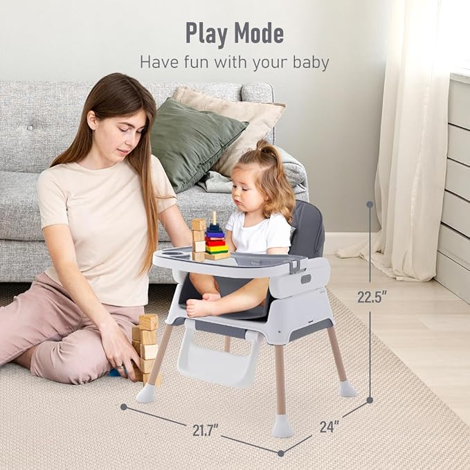 3 in 1 Baby High Chair,Adjustable Convertible Infant Baby Feeding Chair Booster for Eating with Detachable Double Tray,5 Point Harness,Deep Gray-CubbioJoy