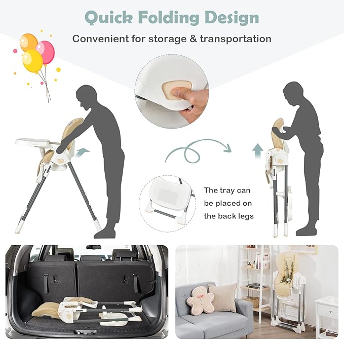 BABY JOY High Chair for Babies & Toddlers, Foldable High Chair w/Adjustable Height/Backrest/Footrest, Double Removable Tray, Book Holder & Storage Bag, Highchair for 6-36 Months Girls Boys (Beige)-CubbioJoy