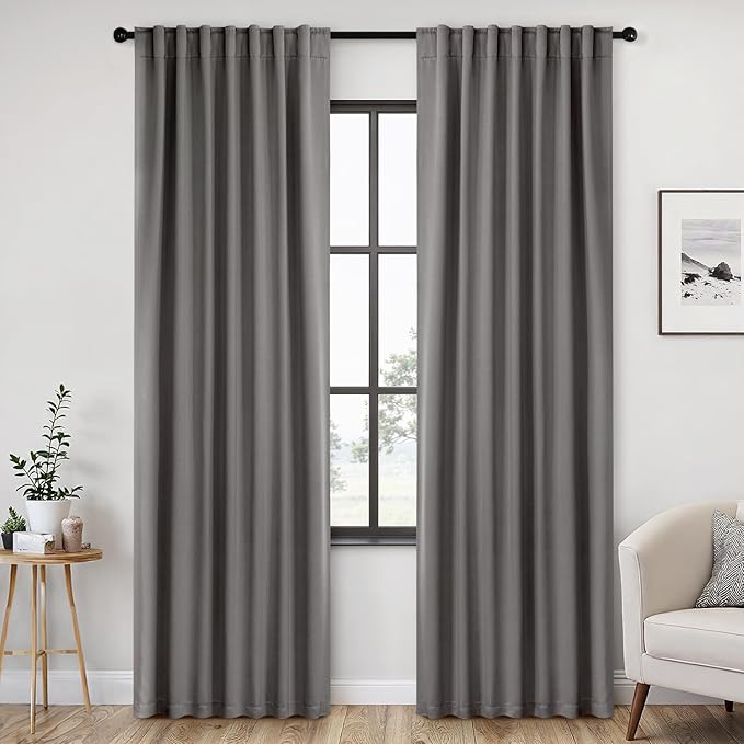 ANRODUO Back Tab Blackout Curtains for Bedroom Living Room, Rod Pocket Pinch Pleated Thermal Insulated Room Darkening Curtains 90 Inches Long 2 Panels, Grey, 52 x 90 Inch-CubbioJoy