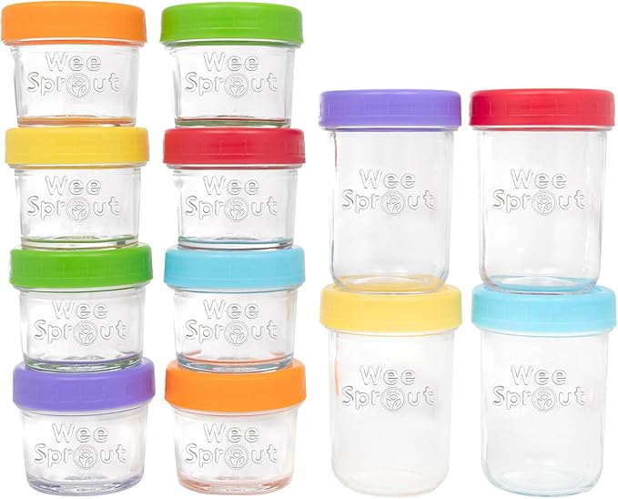 WeeSprout Glass Baby Food Storage Jars - 12 Set, 4 oz/8 oz Baby Food Jars, Plastic Lids, Freezer Storage, Reusable Small Glass Baby Food Containers, Microwave & Dishwasher Safe, for Infant & Baby Food-CubbioJoy