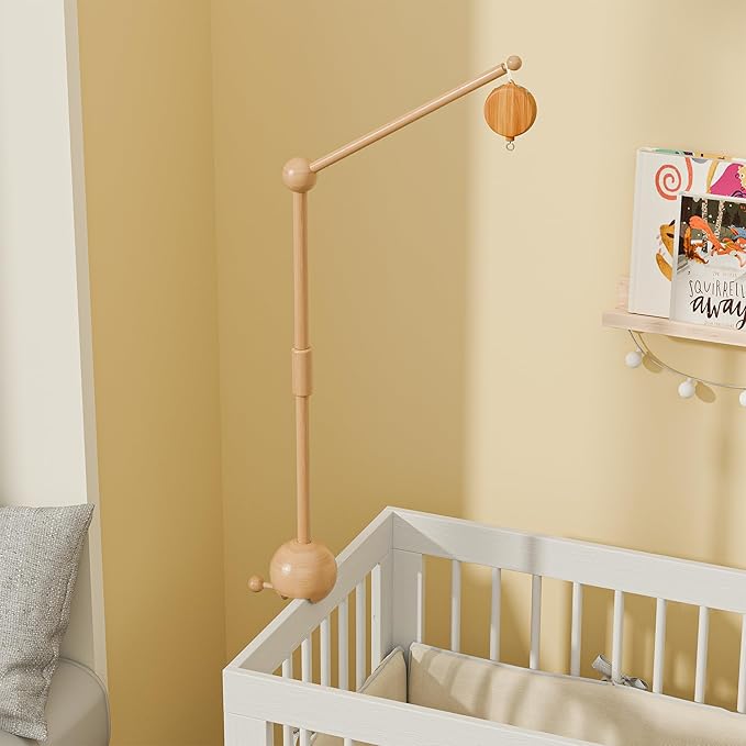 Crib Mobile Arm with Music Box,32.5 Inch Crib Mobile Stand,Wooden Mobile Arm for Crib (2 Modes,360°Adjustable,100% Beech Wood) Baby Crib Mobile for Boy and Girl-CubbioJoy