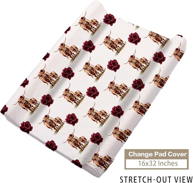 Custom Name Crib Bedding Set - Highland Cow Theme, Personalized Rose Floral Nursery Bedding 3-Piece Set– Soft Blanket, Fitted Sheet, Changing Pad Cover – for Newborns Girls Nursery Gifts-CubbioJoy