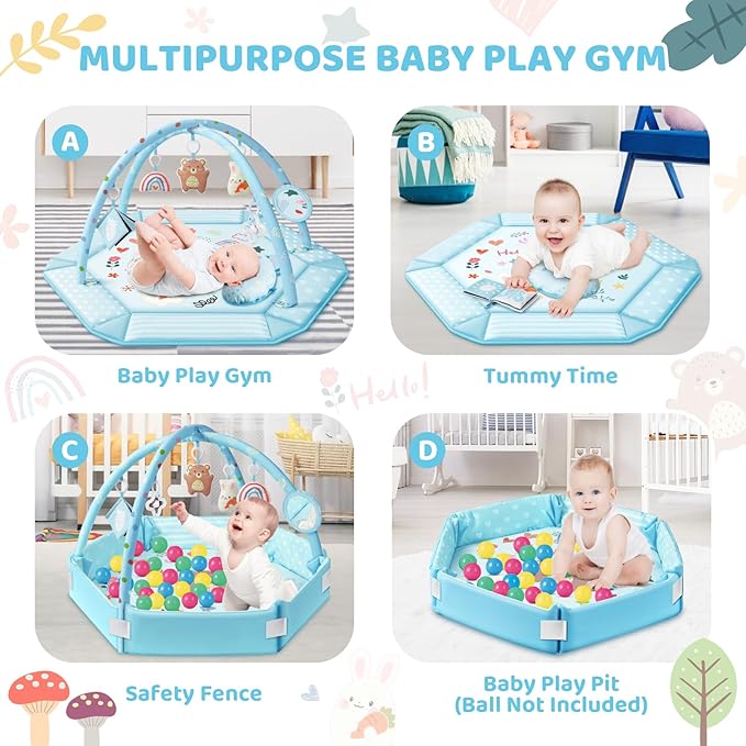 Baby Gym Play Mat, 8-in-1 Tummy Time Mat & Ball Pit with 6 Toys, Washable Baby Activity Mat for Visual, Hearing, Sensory, Motor Development, Baby Gift for Newborn Infant 0-3-6-9-12 Months (Blue)-CubbioJoy