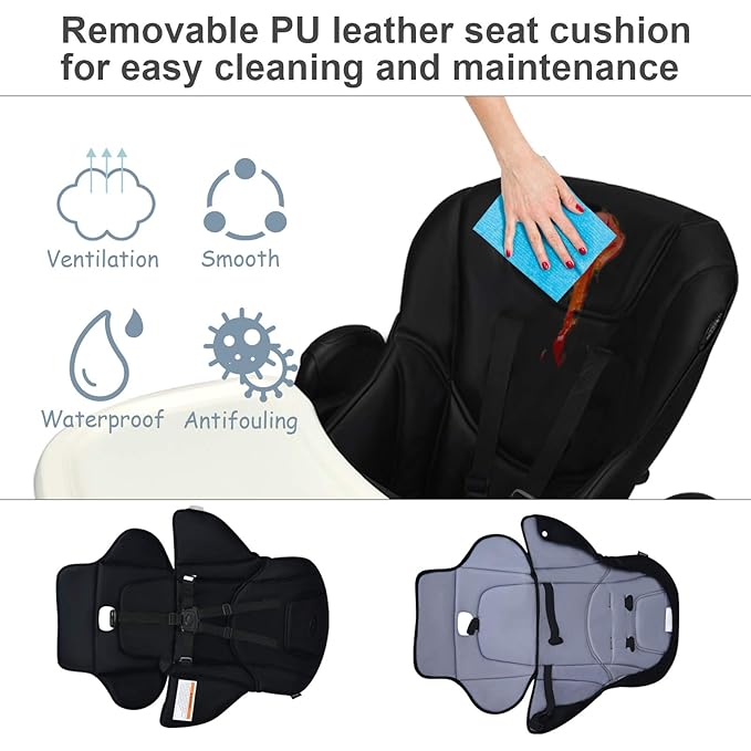 INFANS High Chair for Babies & Toddlers, Foldable Highchair with Multiple Adjustable Backrest, Footrest and Seat Height, Removable Tray, Detachable PU Leather Cushion, Built-in Rear Wheels (Black)-CubbioJoy