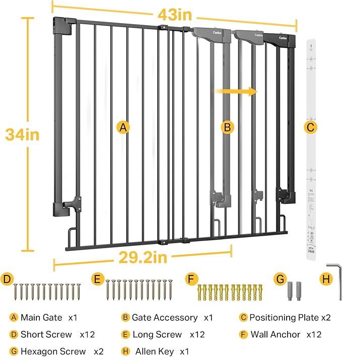 Cumbor 34" Extra Tall No Bottom Bar Baby Gate for Stairs, Auto Close Dog Gate Indoor for Larger Pets, 29.2-43" Hardware Mounted Safety Gate for Doorways, Wide Walk Thru Door for Easy Access (Black)-CubbioJoy