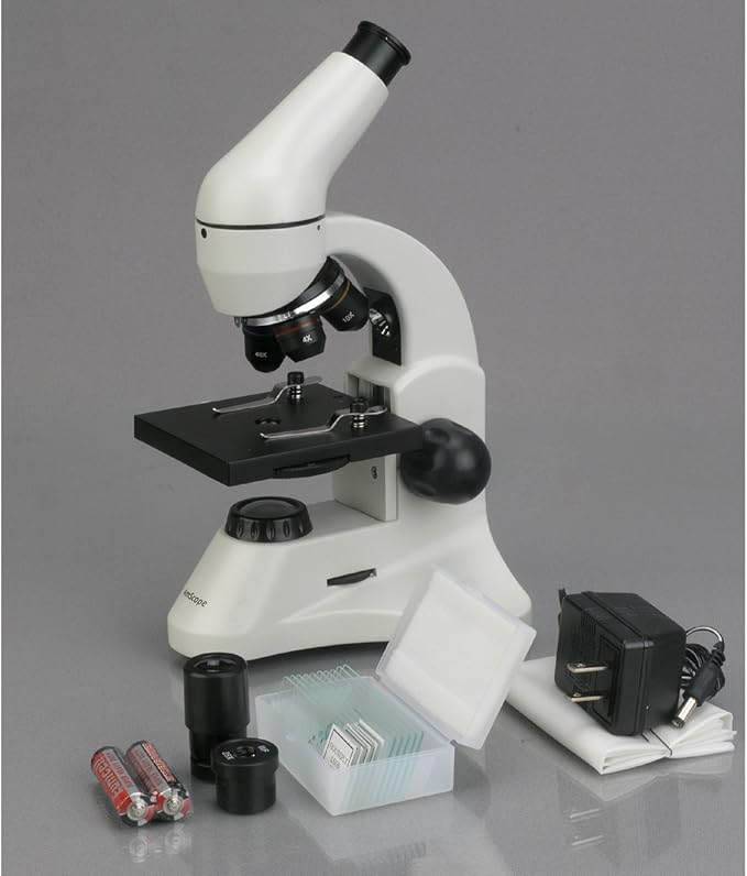 AmScope M120C-2L-PB10-E5 Digital Microscope, WF10x and WF25x Eyepieces, 40x-1000x Magnification, Brightfield, Upper and Lower LED Illumination, Plain Stage, Includes Blank and Prepared Slides, 5MP Camera and Software-CubbioJoy