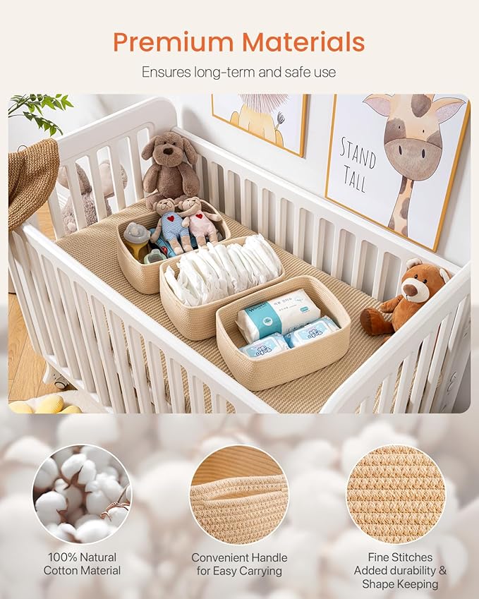 KALLAX Small Woven Basket, 13.5 x 9.5 x 5 Inches, Storage Basket for Organizing, Cute Small Rope Shelf Closet Cube Storage Bins Baskets for Shelves, Dog Toy Gift Baskets Empty, 3 Packs, Beige-CubbioJoy