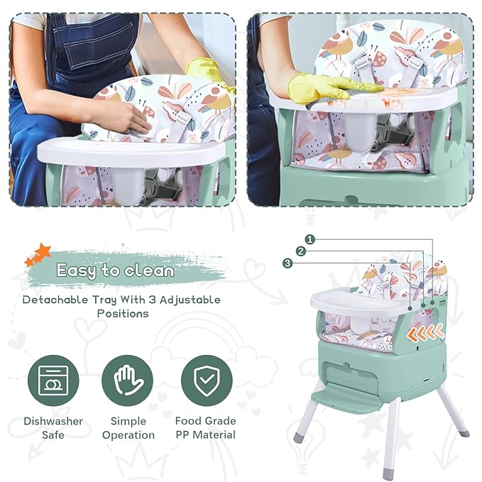 4 in 1 Portable Baby High Chair,Convertible Highchair for Babies and Toddlers-Foldable Infant Booster Seat,Carry Small Box,Dining Chair,Toddler High Chair with 5-Point Harness,Removable Tray-Green-CubbioJoy