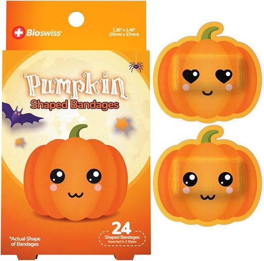 BioSwiss Bandages, Halloween Pumpkin Shaped Self Adhesive Bandage, Latex Free Sterile Wound Care, Fun First Aid Kit Supplies for Kids, 24 Count-CubbioJoy