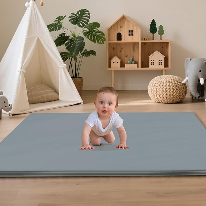 Baby Play Mat 47x47 Inches, Extra Thick 1.2" Foam Floor Mat for Tummy Time & Crawling, Waterproof Non-Slip Faux Leather Playpen Mat for Infants Toddlers, Indoor Outdoor Gym Activity, Blue-CubbioJoy