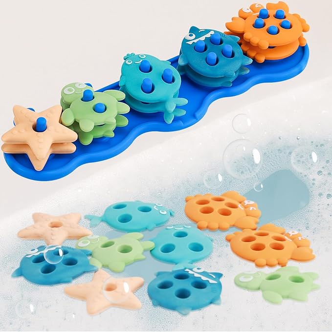 Baby Bath Toys, Mold Free Silcone Shape Sorting & Stacking Bath Toy Set with 10 Cute Floating Pieces, Color & Shape Sorter Toys for Toddler Early Learning Bathtub Fun-CubbioJoy