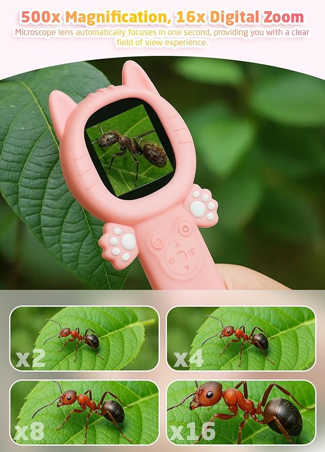 2-in-1 Microscope Camera for Kids, Mini Handheld Microscope Supporting Multiple Viewing Angles, Outdoor Educational Science Adventure Toys, Birthday Gifts for 3-10 Years Old Girls, Pink Cat-CubbioJoy