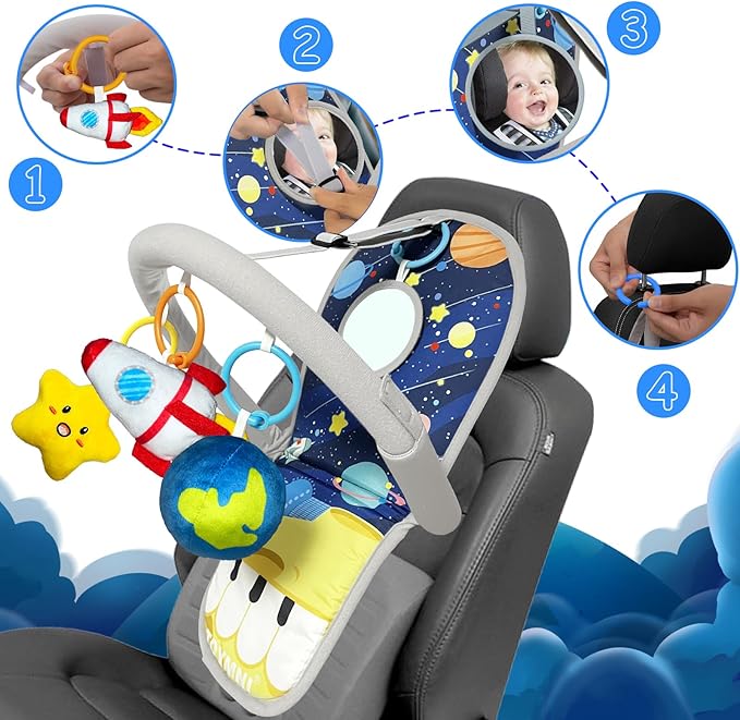 Car Seat Toys for Baby Infant 6 Months and Up, Carseat Toys with Musical Pedal Piano, Baby Mirror and Hanging Squeaky Sensory Soft Baby Toys 6 to 12 Months, Baby Car Toys Rear Facing-CubbioJoy