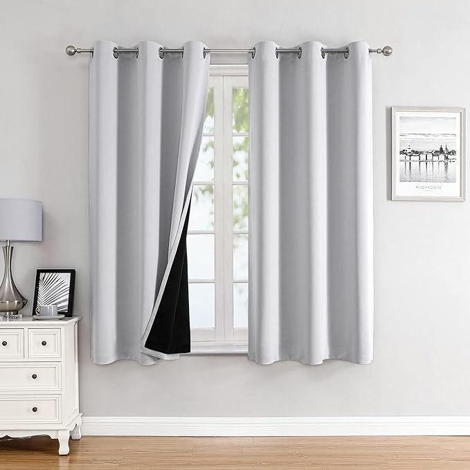 ChrisDowa 100% Blackout Curtains 63 inch Long for Bedroom with Black Liner, 2 Thick Layers Total Blackout Thermal Insulated Grommet Window Curtains 2 Panels Set (Greyish White, 38 x 63 Inch)-CubbioJoy