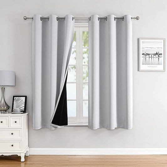 ChrisDowa 100% Blackout Curtains for Bedroom with Black Liner, 2 Thick Layers Total Blackout Thermal Insulated Grommet Window Curtains 2 Panels Set (Greyish White, 42 x 63 Inch)-CubbioJoy
