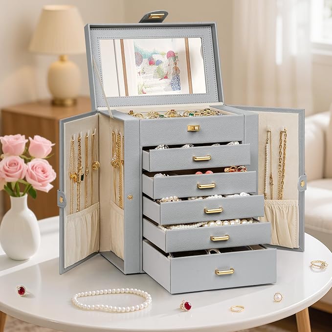 AKOZLIN 6-Tier Jewelry Box Organizer Functional 5 Drawers Leather Jewelry Storage Case for Women Girls Ring Necklace Earring Bracelet Holder Organizer with Mirror Grey-CubbioJoy