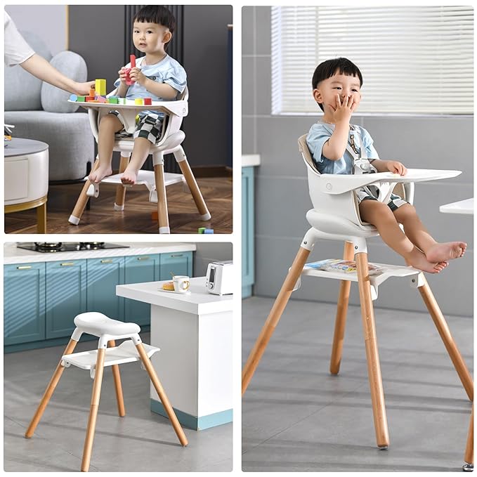 Baby High Chair, 6 in 1 Wooden Convertible High Chairs for Babies and Toddlers, Booster Seat with Double Tray & Reversible Footrest Baby Highchair, 5-Point Harness Baby Feeding Chair, Beige-CubbioJoy
