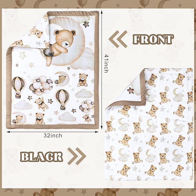 3 Pcs Baby Crib Bedding Set Safari Animals Dinosaurs Bear Woodland Animals Jungle Crib Set Includes Quilt, Fitted Sheet, Skirt for Baby Boy Girl(Brown,Teddy Bear)-CubbioJoy