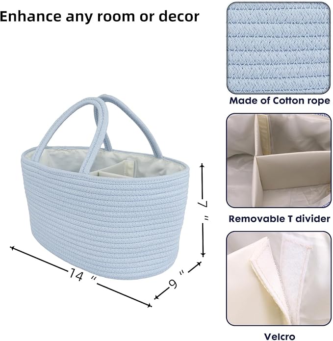 Diaper Caddy Organizer Cotton Rope Baby Basket Nursery Storage and Portable Tote Bag for Car Ideal Baby Shower Gifts and Registry Must-Have for Newborn Essentials blue-CubbioJoy
