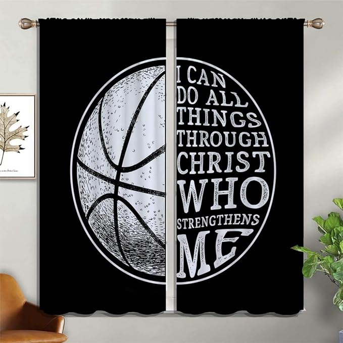 Basketball Blackout Curtains for Boy Girl Room Darkening Decor,Sport Theme and White Motto Dark Background Bedroom Living Room Home Rod Pocket Thermal Insulated Window Curtain/Drapes Panel,84x63 Inch…-CubbioJoy