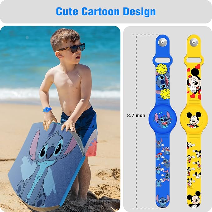 2 Pack AirTag Bracelet for Kids, Waterproof Cute Cartoon Air tag Holder for Kids with Watch Band Design, Full Coverage Silicone Airtag Hidden Accessories for Child, Healthy Material Blue + Yellow-CubbioJoy