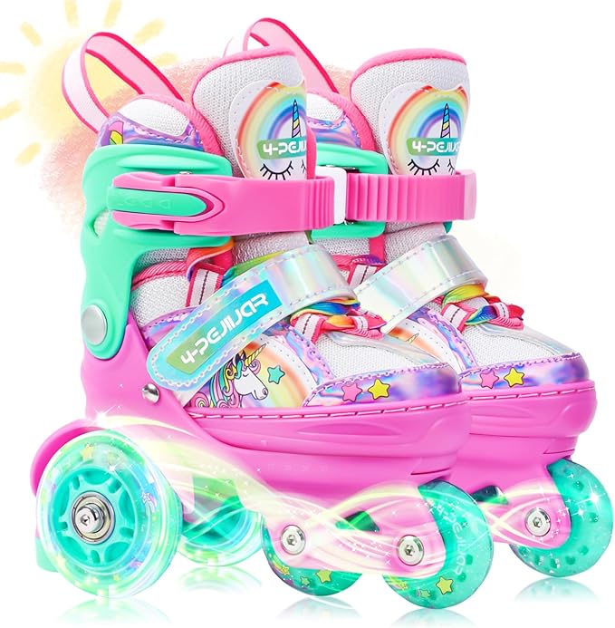 4-Pejiijar Rainbow Unicorn Kids Roller Skates for Girls Toddler Ages 2-4 5-8 8-12,Adjustable Roller Shoes with Luminous Wheels for Birthday Xmas Gifts-CubbioJoy