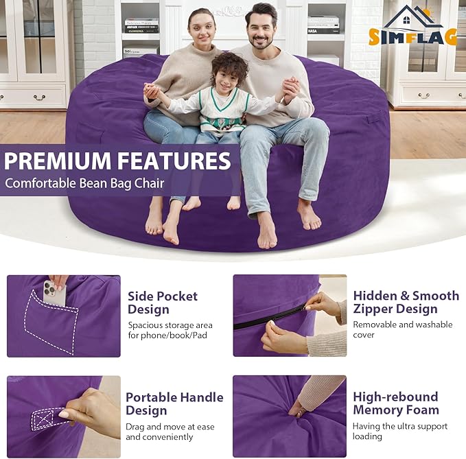 6FT Bean Bag Chair, Large Bean Bag Chairs with Memory Foam Filled, Fluffy Beanbag Sofa with Dutch Velvet Cover, Round BeanBag Chairs for Living Room, Playroom - Purple-CubbioJoy