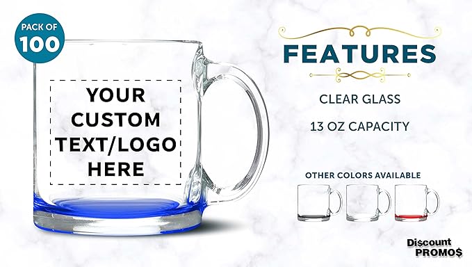 Custom Clear Glass Coffee Mugs 13 oz. Set of 100, Personalized Bulk Pack - Perfect for Coffee, Tea, Espresso, Hot Cocoa, Other Beverages - Blue Bottom-CubbioJoy