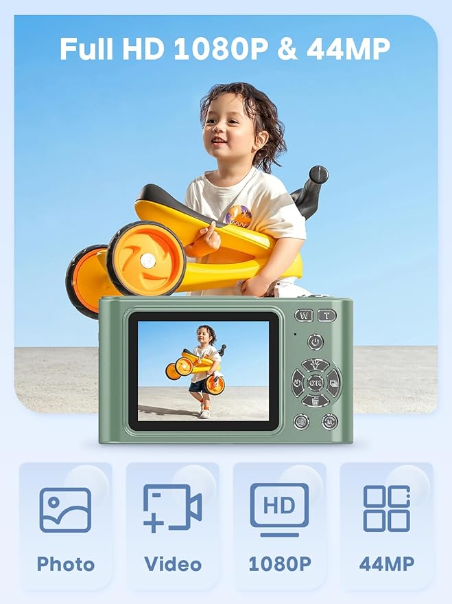 Digital Camera, 44MP Full HD 1080P Point and Shoot Camera with 64GB Card, Anti Shake 16X Zoom Compact Volg Cameras, Portable Small Camara Gift for Kids, Ages Teen Girl Boy - Green-CubbioJoy