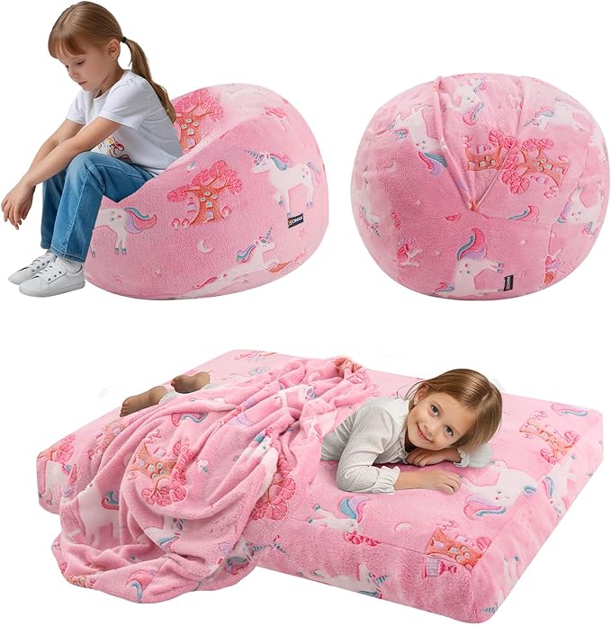COMAX Kids Bean Bag Chair Turn into Beanbag Bed, Toddler Bean Chair for Girl Boy Sleeping, Lazy Children Bean Bags with Filler, Convertible Child Floor Mattress, Pink Fairy-CubbioJoy