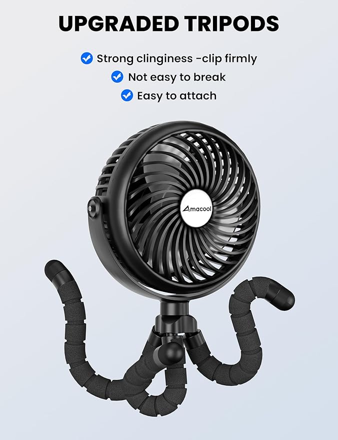 AMACOOL Baby Stroller Fan - 5000mAh Rechargeable, 3-Speed, Strong Yet Quiet, 360°Rotate Portable Clip on Fan for Travel, Car Seat, Crib, Bike, Treadmill, Beach Vacation Essentials-CubbioJoy